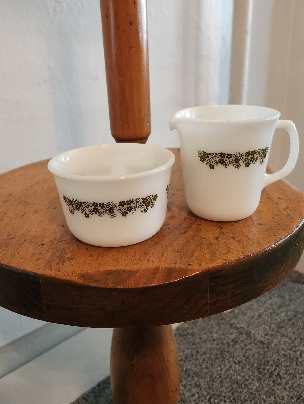White Milk Glass Creamer and Sugar Bowl with Olive Floral Band